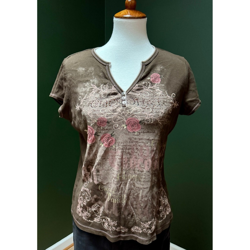 dressbarn Brown Short Sleeve Tee with Pink Rose Print